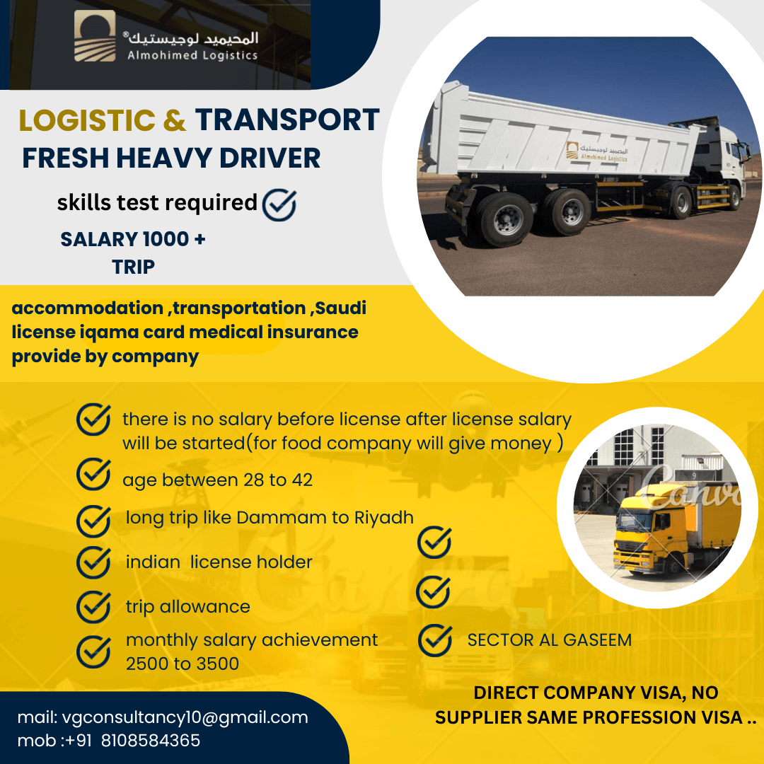 URGENT REQUIREMENT FOR FRESH HEAVY DRIVER SAUDI ARABIA