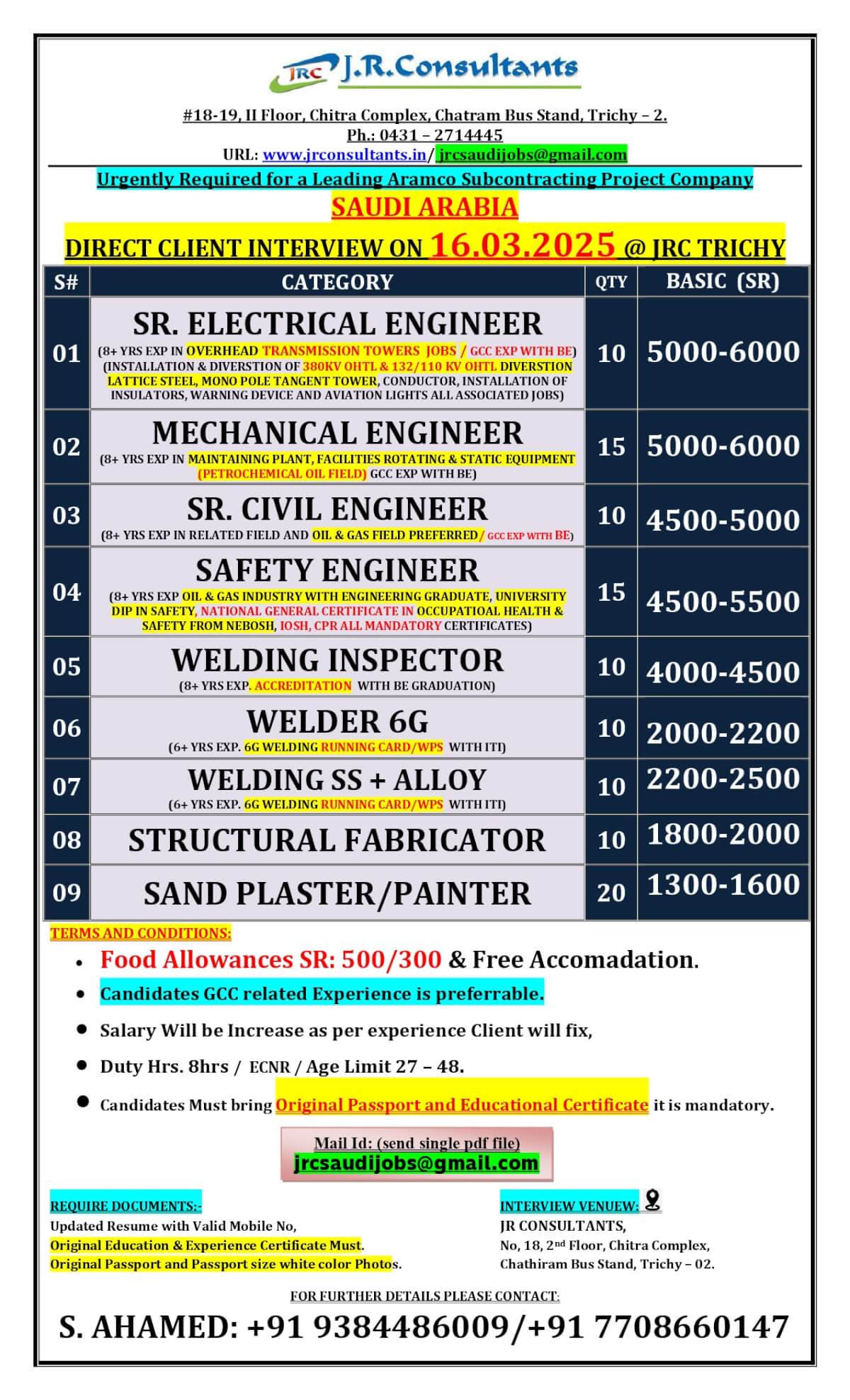 URGENTLY REQUIRED FOR A LEADING COMPANY IN SAUDI ARABIA DIRECT CLIENT INTERVIEW ON 16.03.2025 @ JRC TRICHY