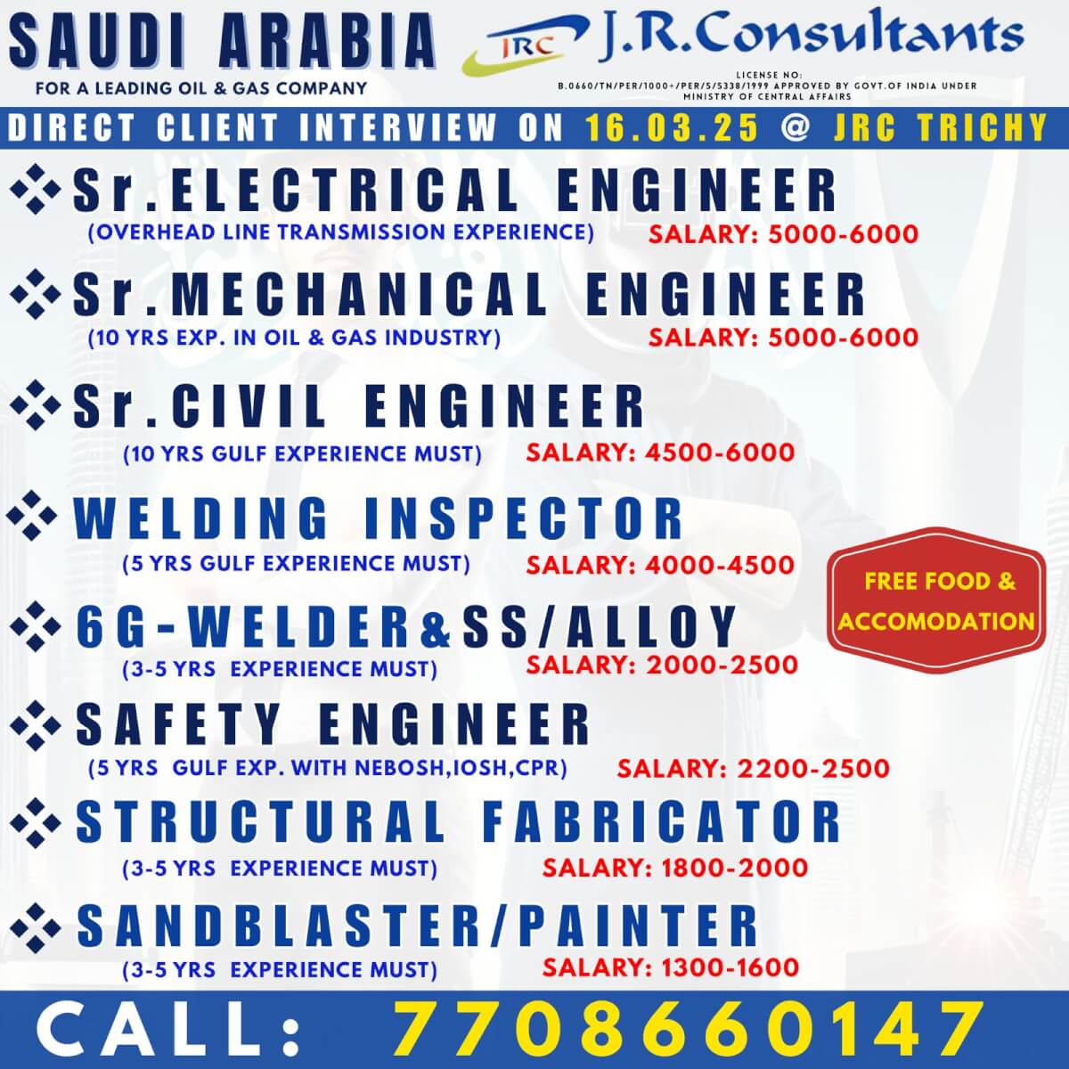 URGENTLY REQUIRED FOR A LEADING COMPANY IN SAUDI ARABIA DIRECT CLIENT INTERVIEW ON 16.03.2025 @ JRC TRICHY