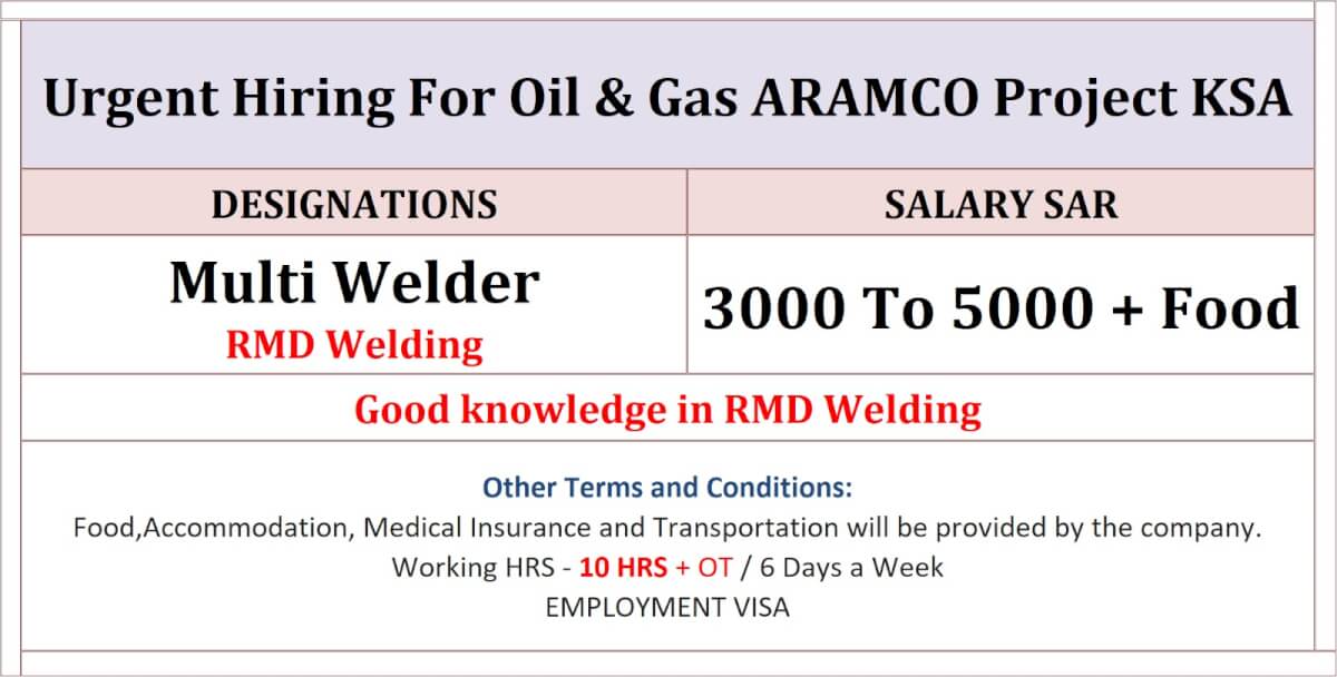 Urgent Hiring For Oil & Gas ARAMCO Project KSA