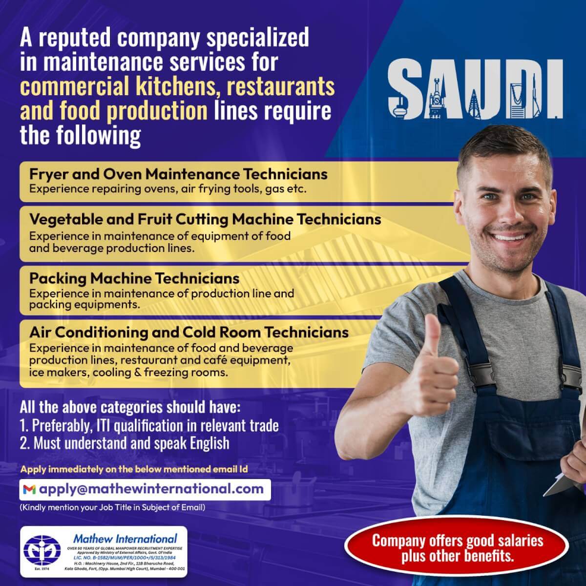 A reputed company specialized in maintenance services for commercial kitchens, restaurants and food production lines require the following.