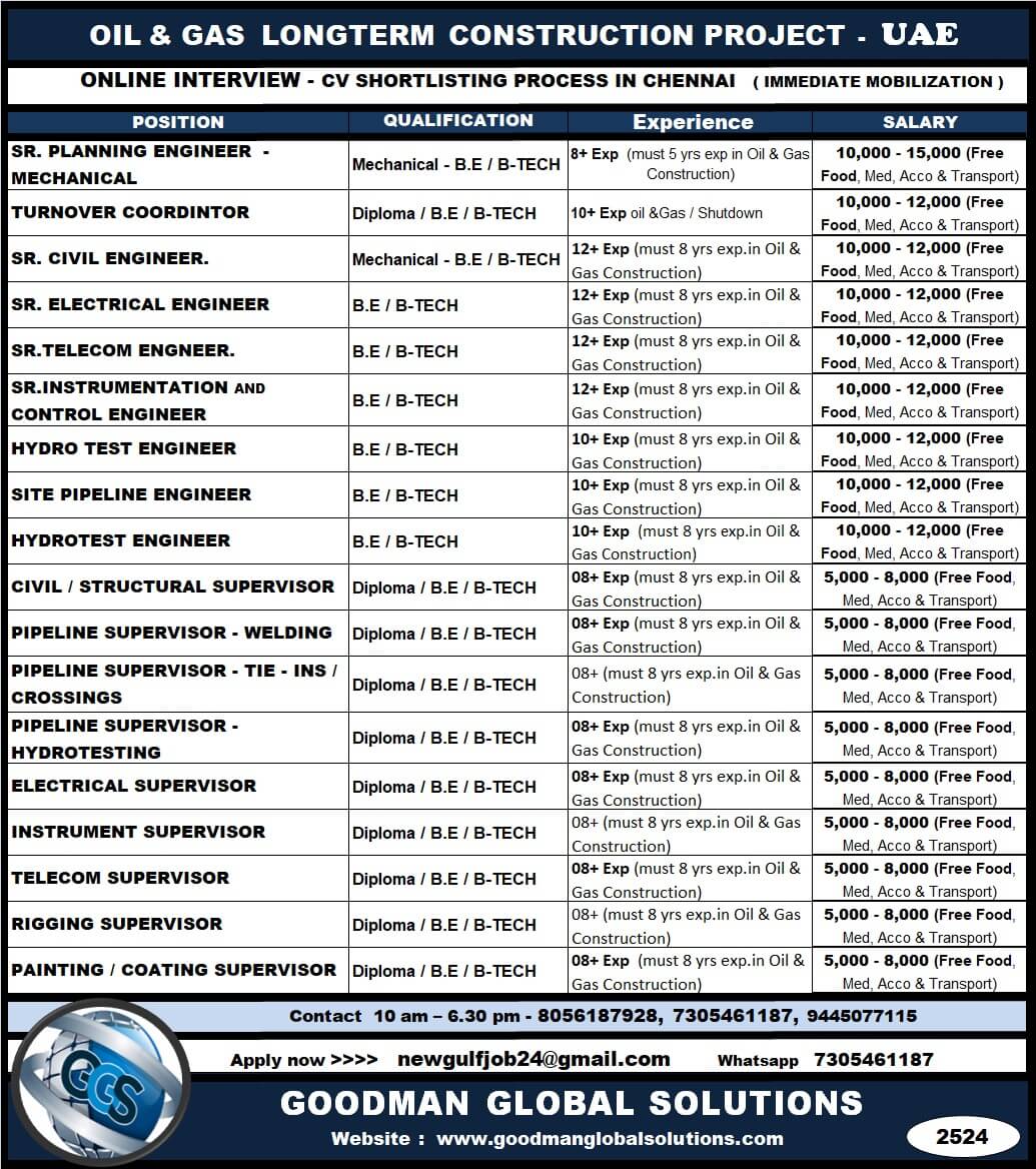 OIL & GAS  LONGTERM  CONSTRUCTION  PROJECT  -  UAE  ONLINE INTERVIEW - CV SHORTLISTING PROCESS IN CHENNAI   ( IMMEDIATE MOBILIZATION )