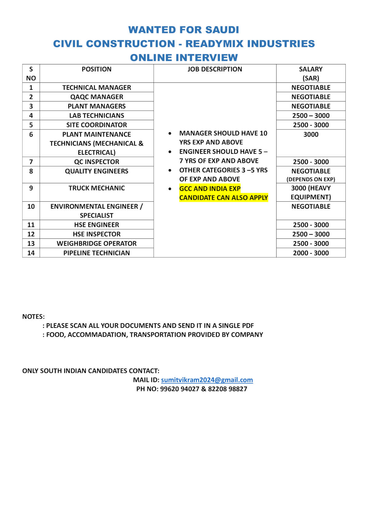 WANTED FOR SAUDI -CIVIL CONSTRUCTION - READYMIX INDUSTRIES