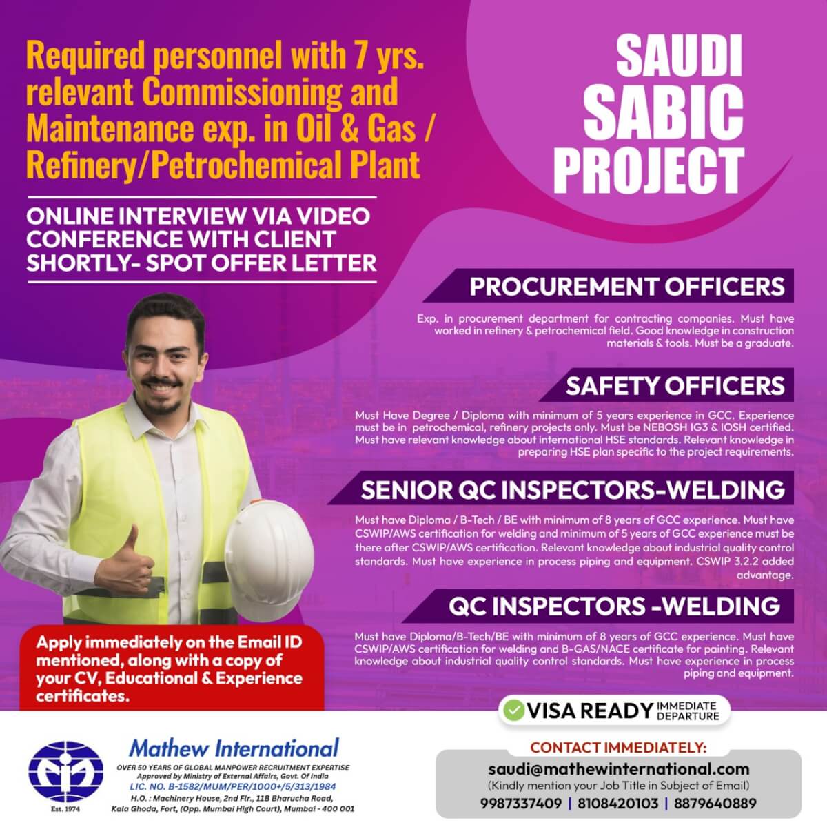 Saudi II - Required personnel for Saudi Aramco with 7 yrs. relevant exp. in Oil & Gas / Refinery / Petrochemical Plant