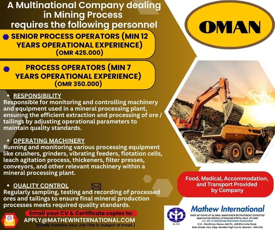 OMAN - A Multinational Company dealing in Mining Process requires the following