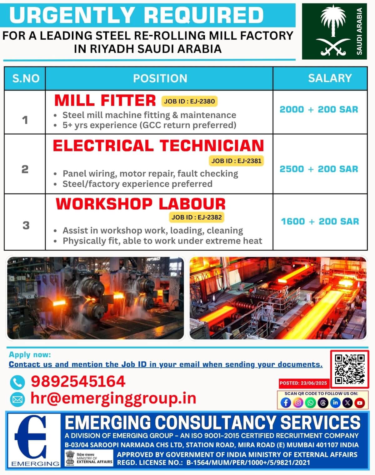 URGENTLY REQUIRED – LEADING STEEL RE-ROLLING MILL FACTORY – RIYADH ??