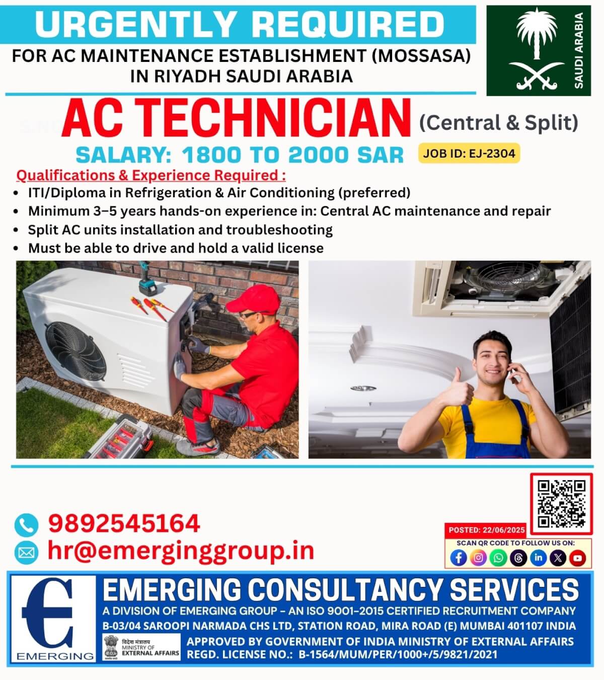 AC Technician (Central & Split) – Riyadh Saudi Arabia – Job ID: EJ-2304 AC Technician (Central & Split) – Riyadh Saudi Arabia – Job ID: EJ-2304
