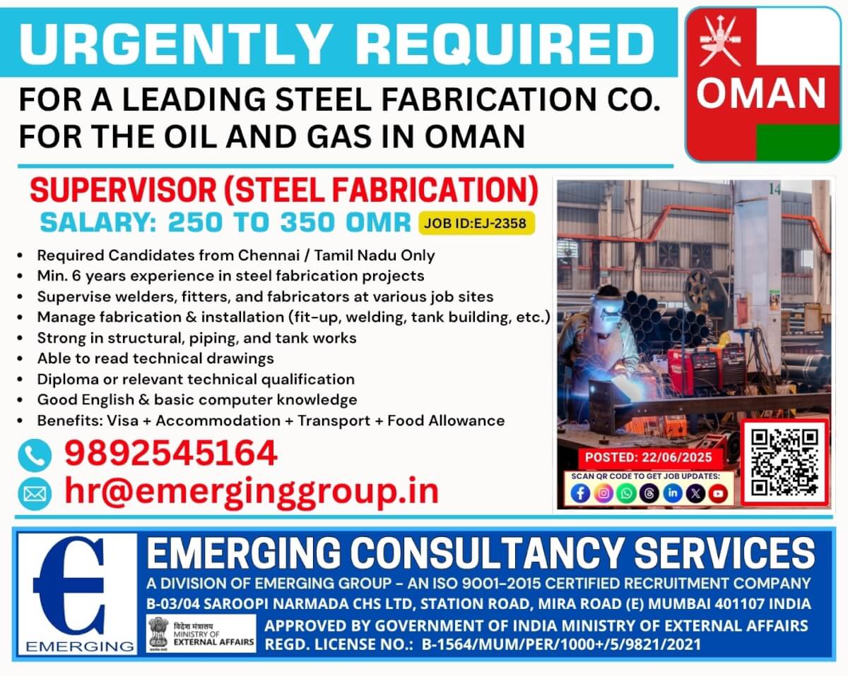 Supervisor (Steel Fabrication) - from Tamil Nadu Preferred Supervisor (Steel Fabrication) - from Tamil Nadu Preferred