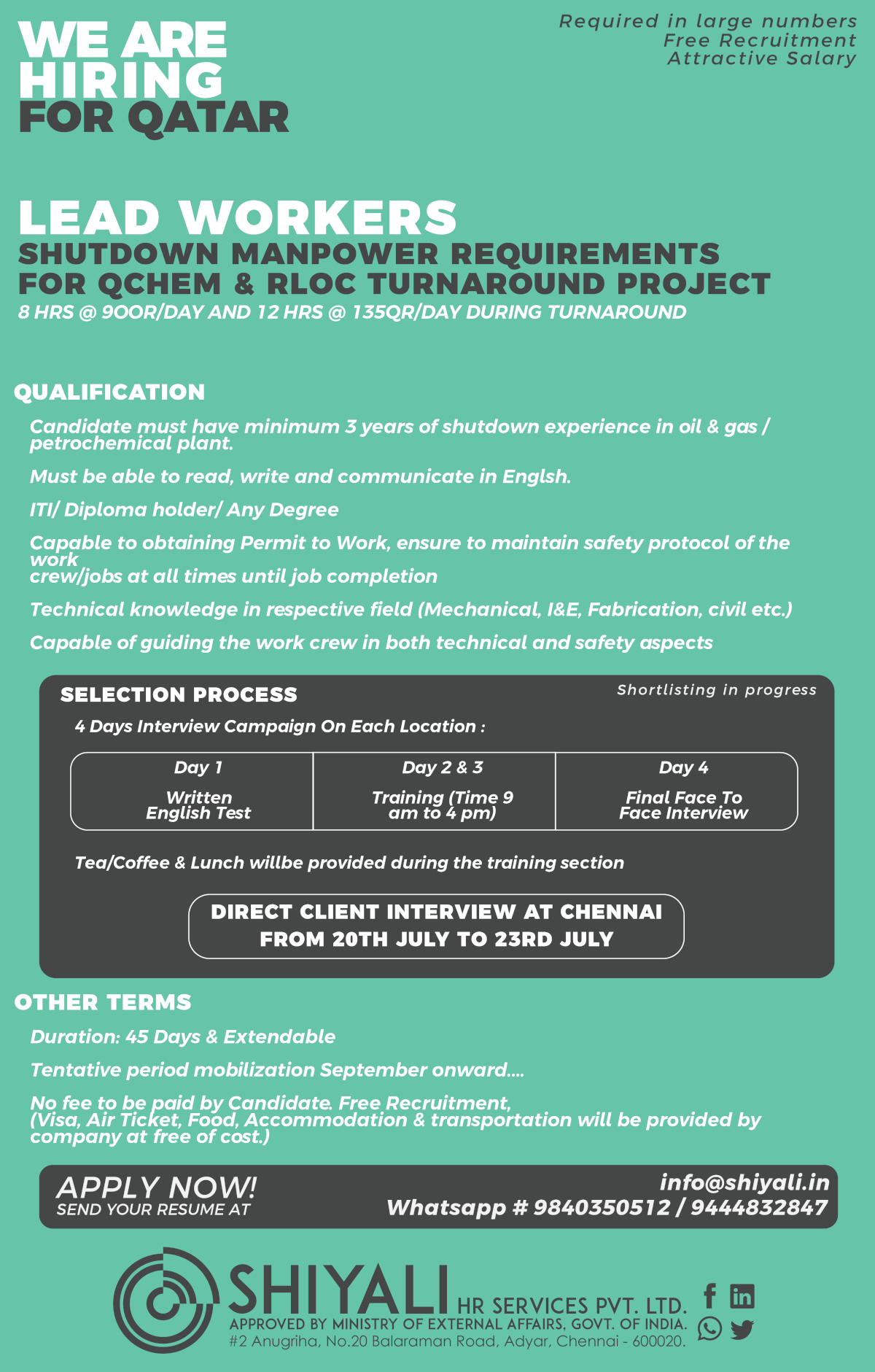 Get all the Job Postings of Employer SHIYALI HR SERVICES from India