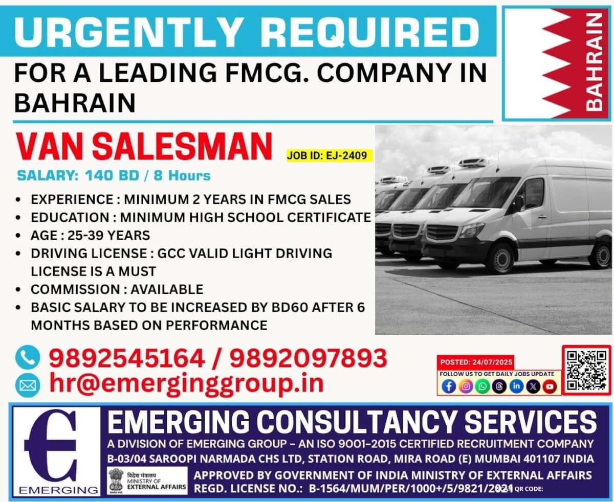 URGENTLY REQUIRED FOR VAN SALESMAN FOR BAHRAIN