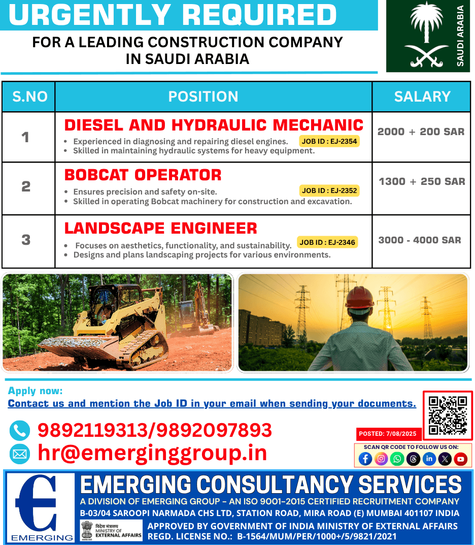We are hiring Diesel & Hydraulic Mechanic,Bobcat Operator and Landscape Engineer We are hiring Diesel & Hydraulic Mechanic,Bobcat Operator and Landscape Engineer
