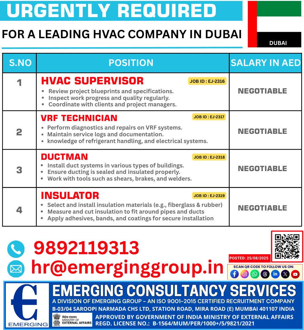 Urgently Hiring for the HVAC related positions for a reputable project in Dubai (Multiple positions) Urgently Hiring for the HVAC related positions for a reputable project in Dubai (Multiple positions)