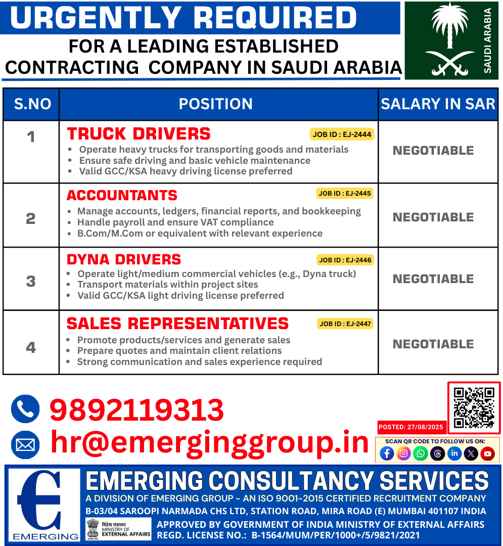 URGENTLY HIRING FOR: Truck Drivers, Dyna Drivers, Accountants, Sales Representatives – Leading Contracting Company – Saudi Arabia URGENTLY HIRING FOR: Truck Drivers, Dyna Drivers, Accountants, Sales Representatives – Leading Contracting Company – Saudi Arabia
