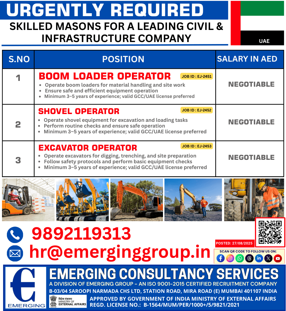 URGENTLY HIRING: Boom Loader Operator, Shovel Operator, Excavator Operator – Leading Civil & Infrastructure Company URGENTLY HIRING: Boom Loader Operator, Shovel Operator, Excavator Operator – Leading Civil & Infrastructure Company