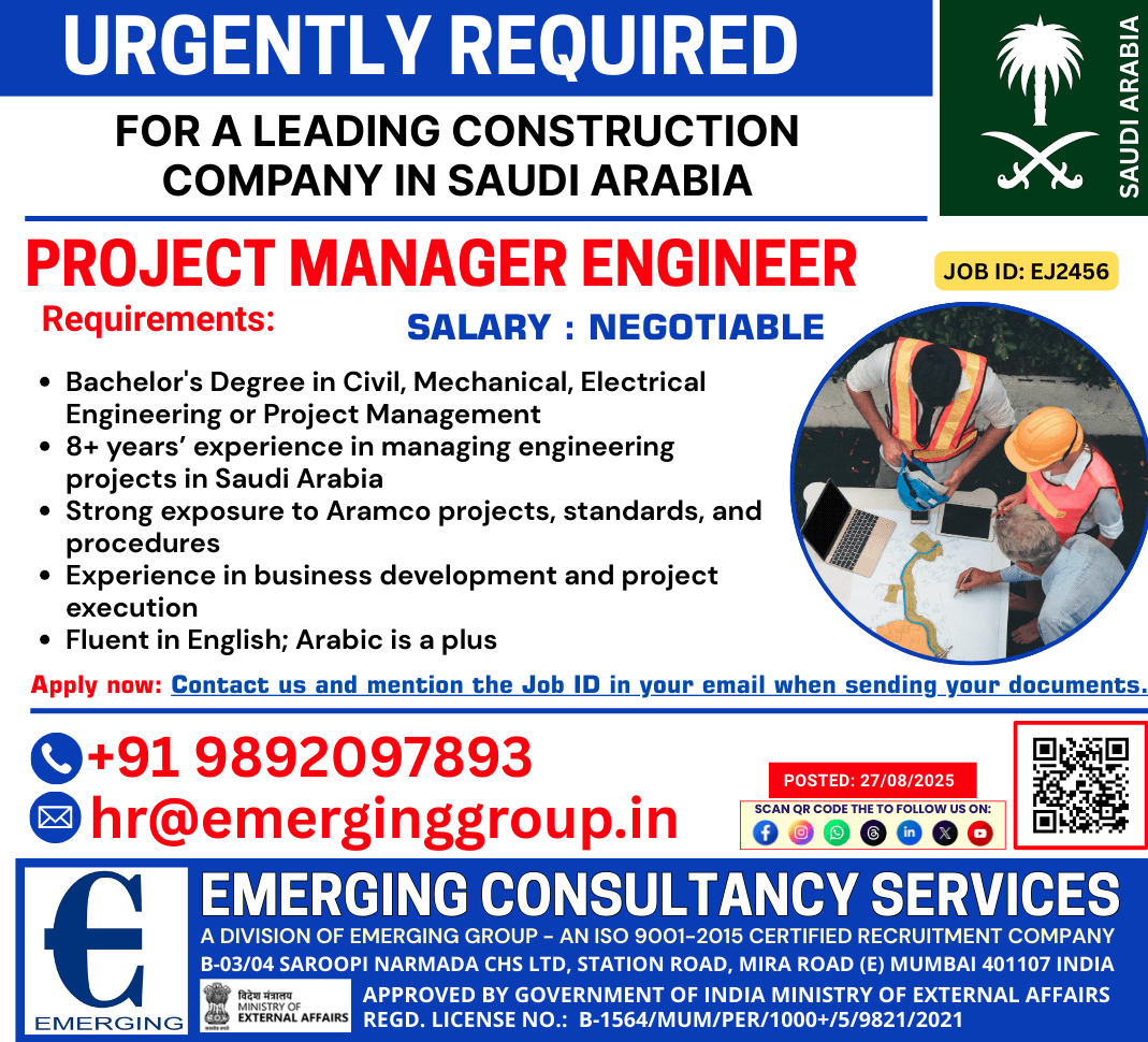 URGENTLY HIRING: Project Manager Engineer – Leading Construction Company – Saudi Arabia URGENTLY HIRING: Project Manager Engineer – Leading Construction Company – Saudi Arabia