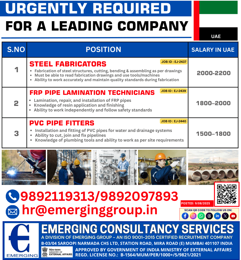 Skilled Technicians – Steel Fabricators, FRP Pipe Lamination Technicians, PVC Pipe Fitters Skilled Technicians – Steel Fabricators, FRP Pipe Lamination Technicians, PVC Pipe Fitters