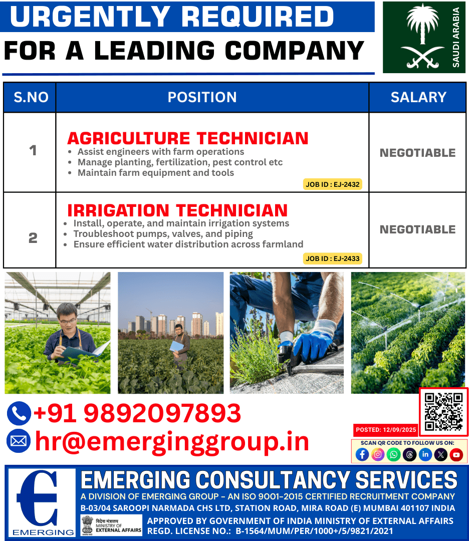 Urgently Hiring Agriculture & Irrigation Technician Urgently Hiring Agriculture & Irrigation Technician