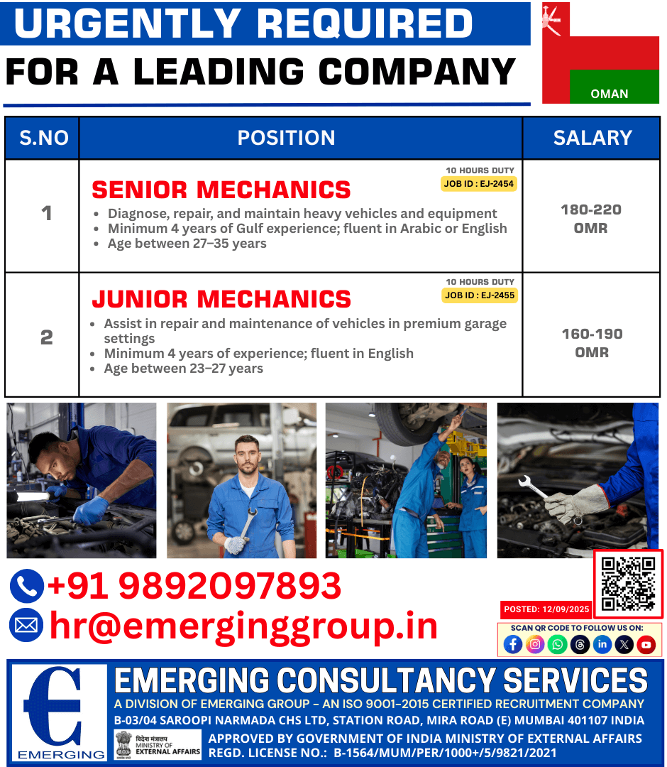 URGENTLY REQUIRED – SENIOR & JUNIOR MECHANICS URGENTLY REQUIRED – SENIOR & JUNIOR MECHANICS
