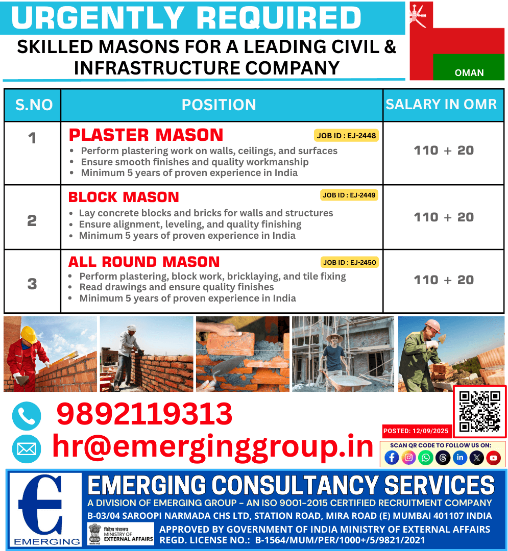 URGENTLY REQUIRED Skilled Masons for a Leading Civil & Infrastructure Company URGENTLY REQUIRED Skilled Masons for a Leading Civil & Infrastructure Company