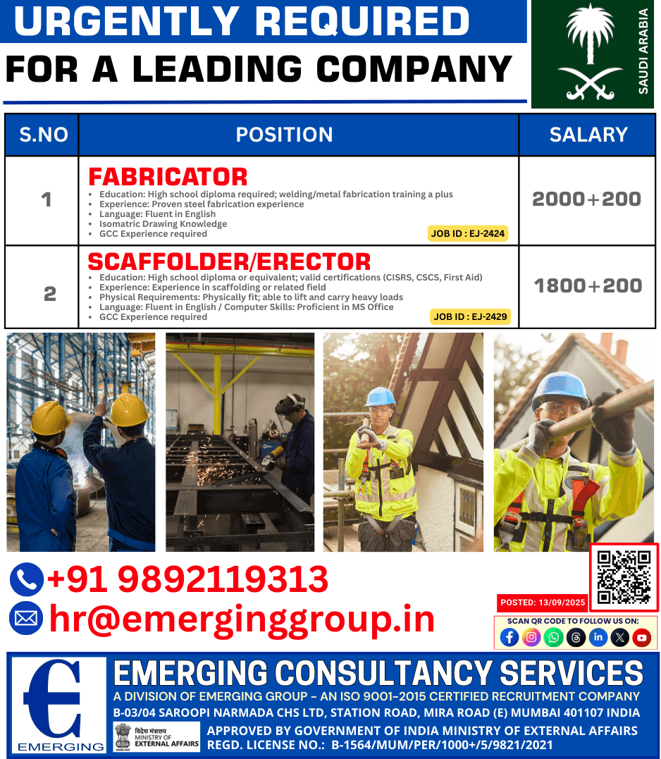 Urgently Hiring Fabricator and Scaffolder/Erector Urgently Hiring Fabricator and Scaffolder/Erector