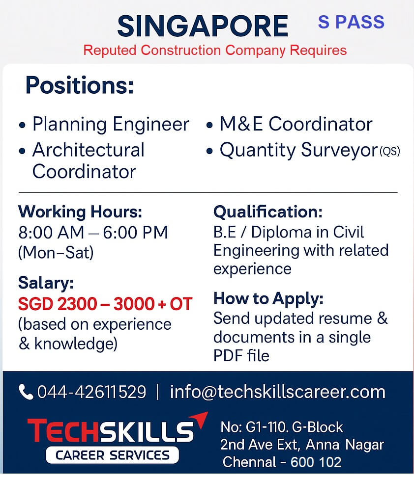 SINGAPORE - QUANTINTY SURVEYOR / M&E COORDINATOR SINGAPORE - QUANTINTY SURVEYOR / M&E COORDINATOR