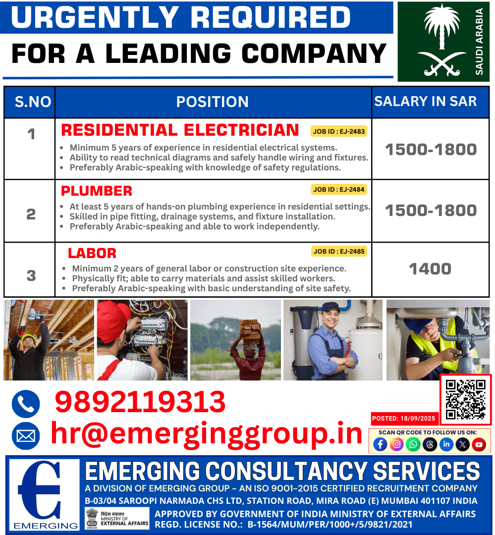 Urgently Hiring Residential Electrician, Plumber, and Labor Urgently Hiring Residential Electrician, Plumber, and Labor