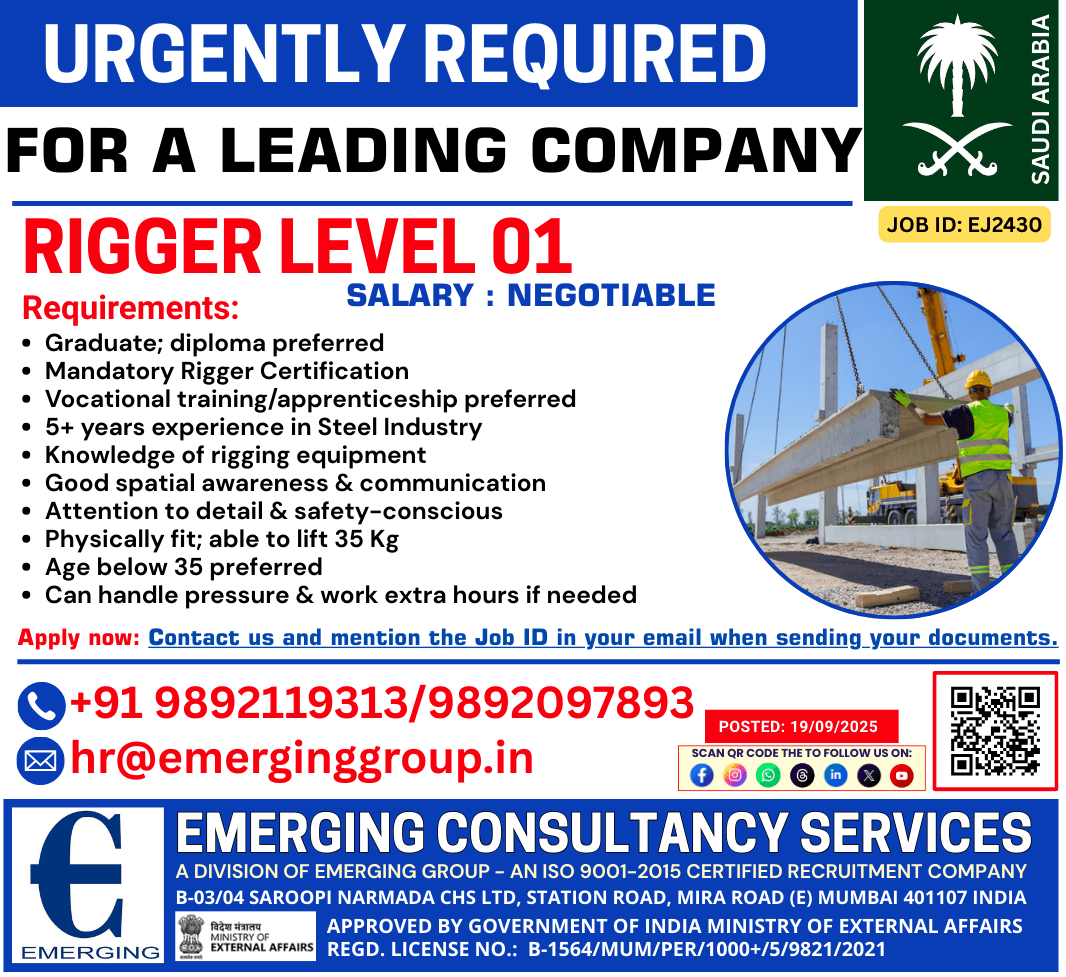 URGENTLY REQUIRED – RIGGER LEVEL 01 URGENTLY REQUIRED – RIGGER LEVEL 01