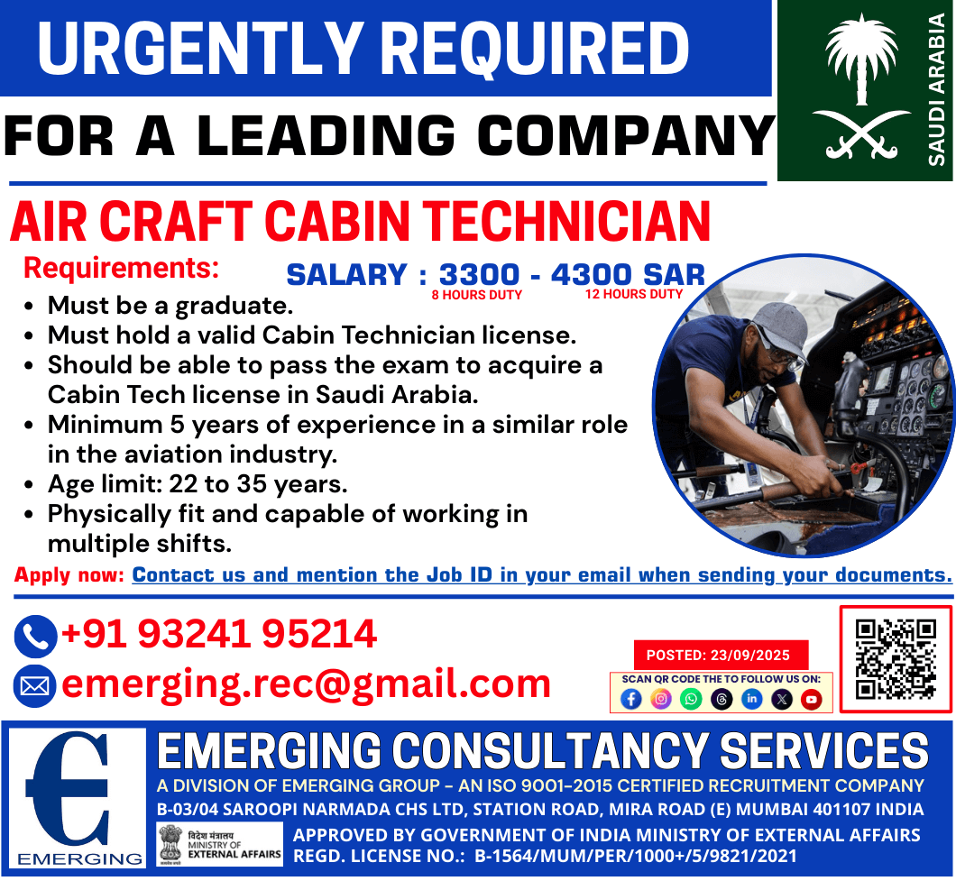 Urgently Hiring Aircraft Cabin Technician Urgently Hiring Aircraft Cabin Technician