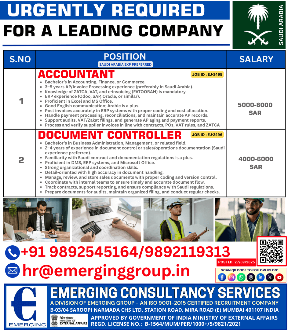 URGENTLY REQUIRED – FOR A LEADING COMPANY IN SAUDI ARABIA URGENTLY REQUIRED – FOR A LEADING COMPANY IN SAUDI ARABIA