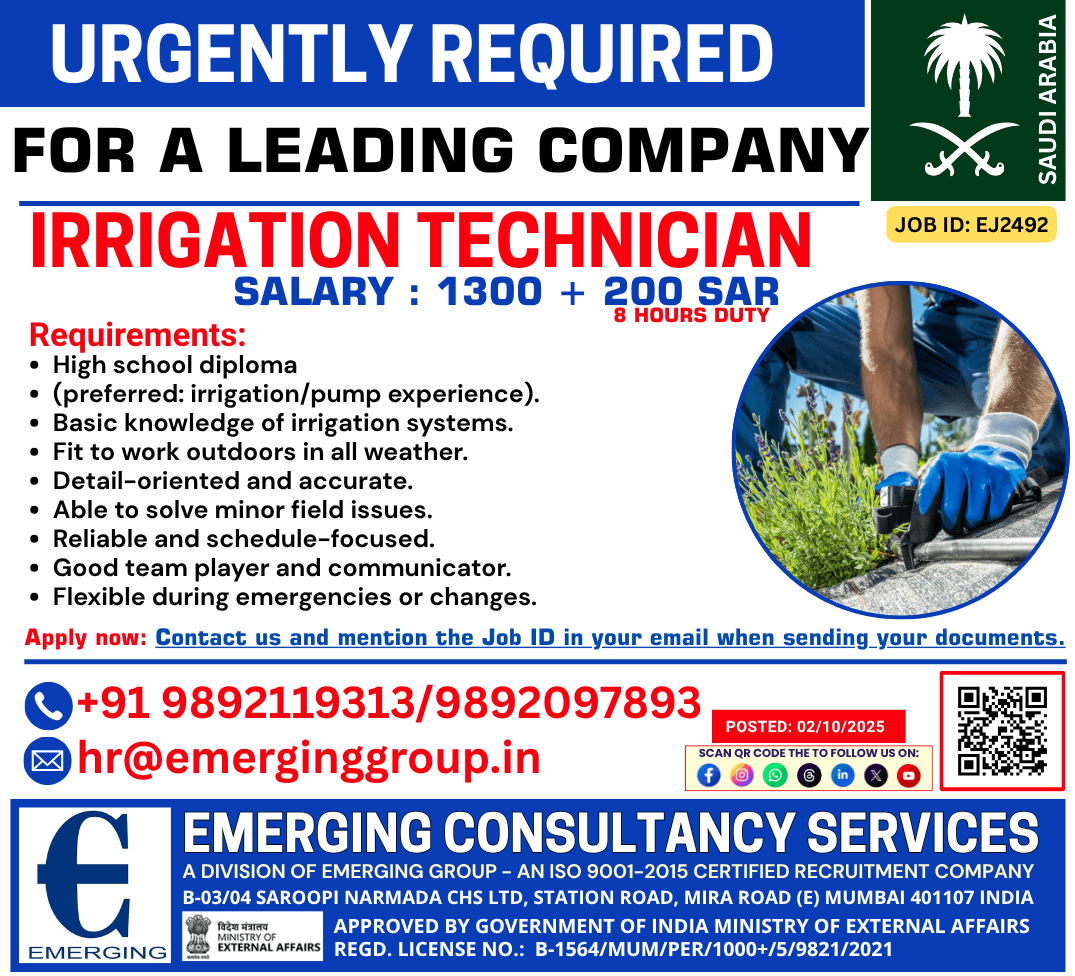 Urgently required Irrigation Technician Urgently required Irrigation Technician