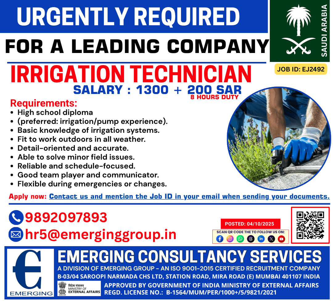 Urgently Hiring Irrigation Technician Urgently Hiring Irrigation Technician
