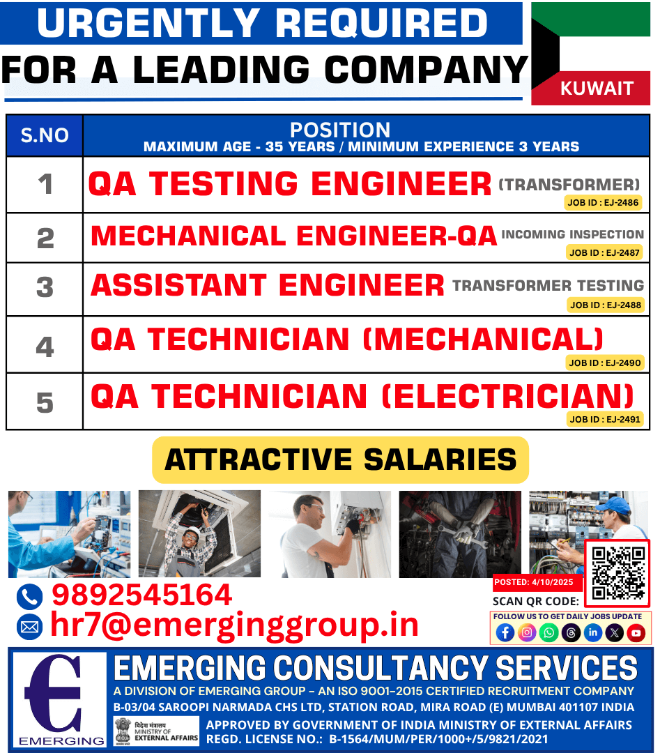 URGENTLY REQUIRED- QA Testing Engineer, Mechanical Engineer - QA, Assistant Engineer, QA Technician (Electrician), QA Technician (Mechanical) URGENTLY REQUIRED- QA Testing Engineer, Mechanical Engineer - QA, Assistant Engineer, QA Technician (Electrician), QA Technician (Mechanical)