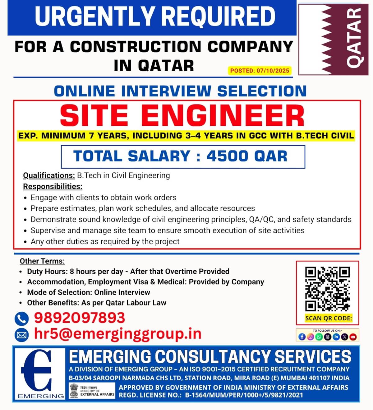 Site Engineer – Civil Engineering (Minimum 7 Years Experience, 3–4 Years GCC Experience) Site Engineer – Civil Engineering (Minimum 7 Years Experience, 3–4 Years GCC Experience)