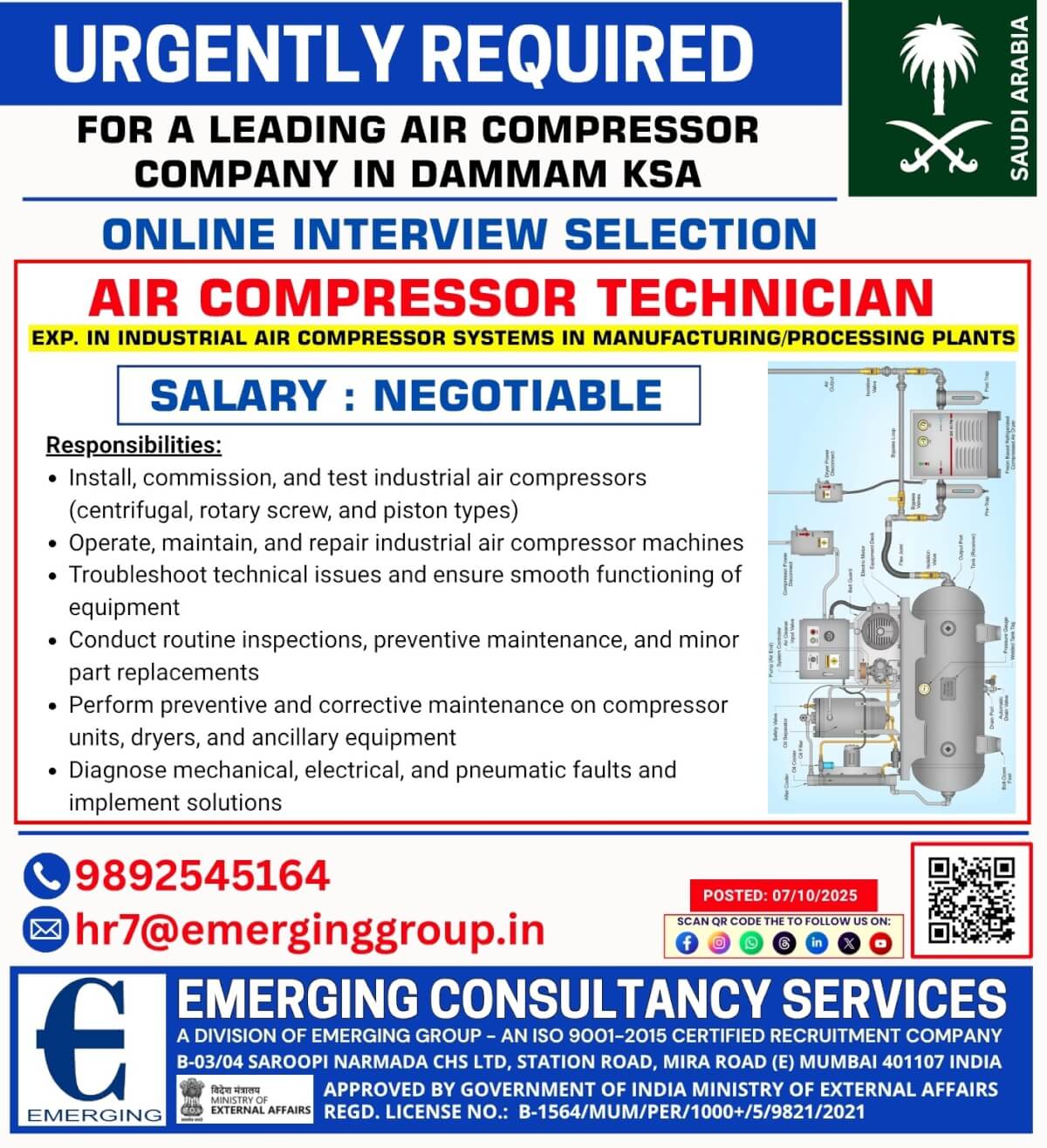 Air Compressor Technician – Industrial Air Compressor Systems (Manufacturing / Processing Plants) Air Compressor Technician – Industrial Air Compressor Systems (Manufacturing / Processing Plants)