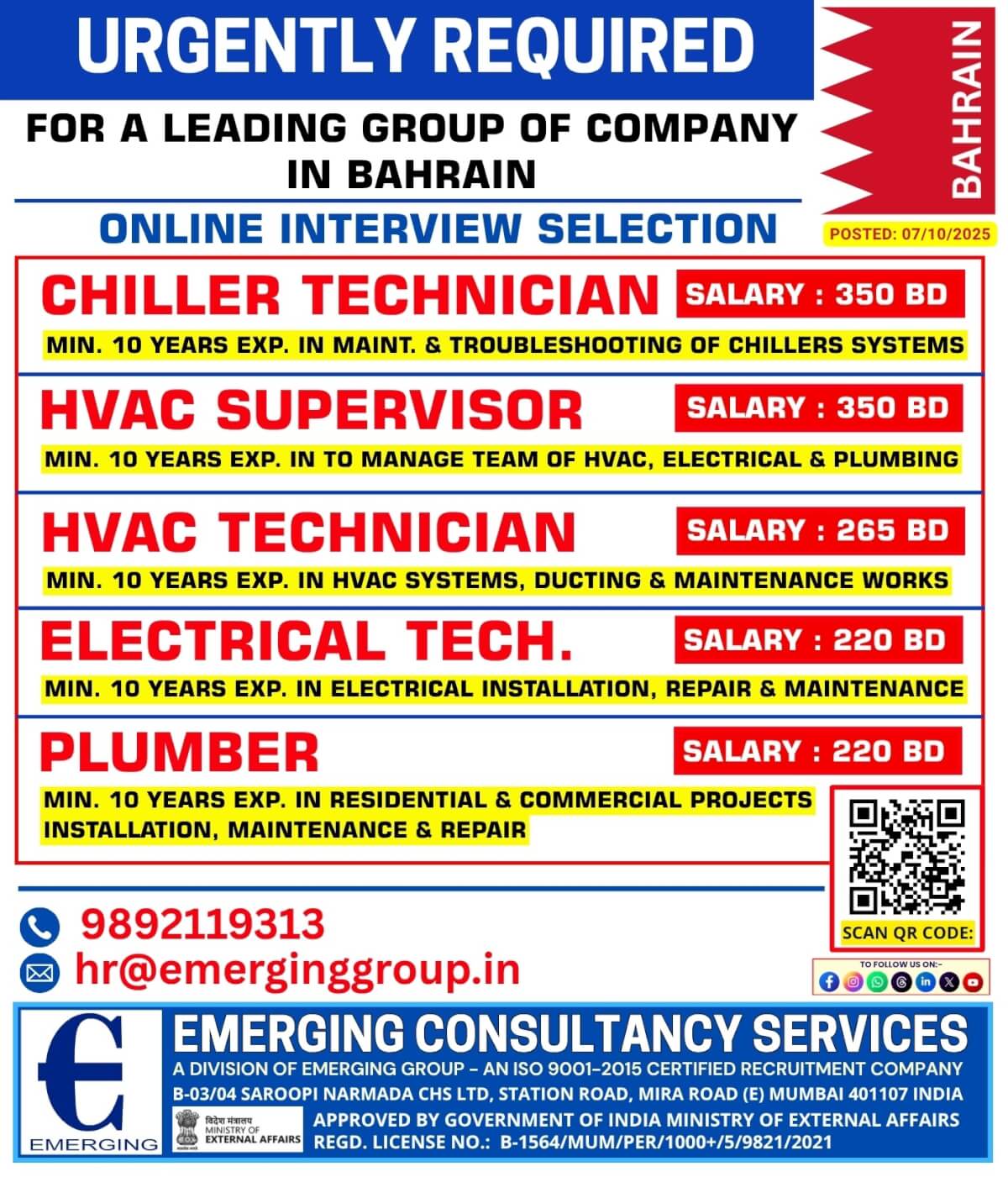 Multiple Positions: • Chiller Technician • HVAC Supervisor • HVAC Technician • Electrical Technician • Plumber Multiple Positions: • Chiller Technician • HVAC Supervisor • HVAC Technician • Electrical Technician • Plumber