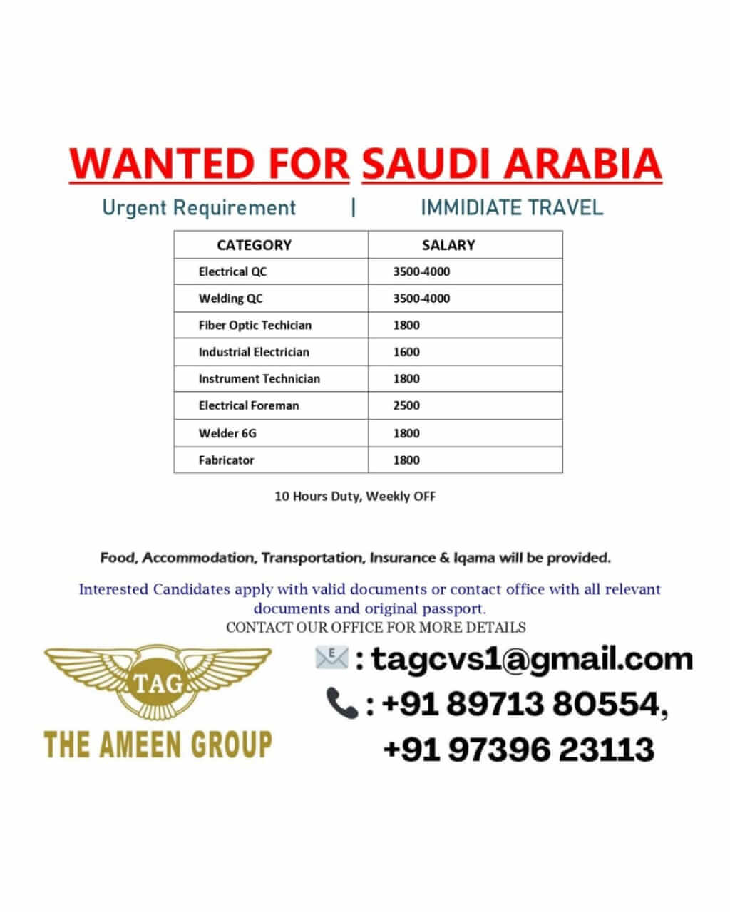 Urgently Required – Technicians | Foremen | QC Inspectors – Saudi Arabia Urgently Required – Technicians | Foremen | QC Inspectors – Saudi Arabia