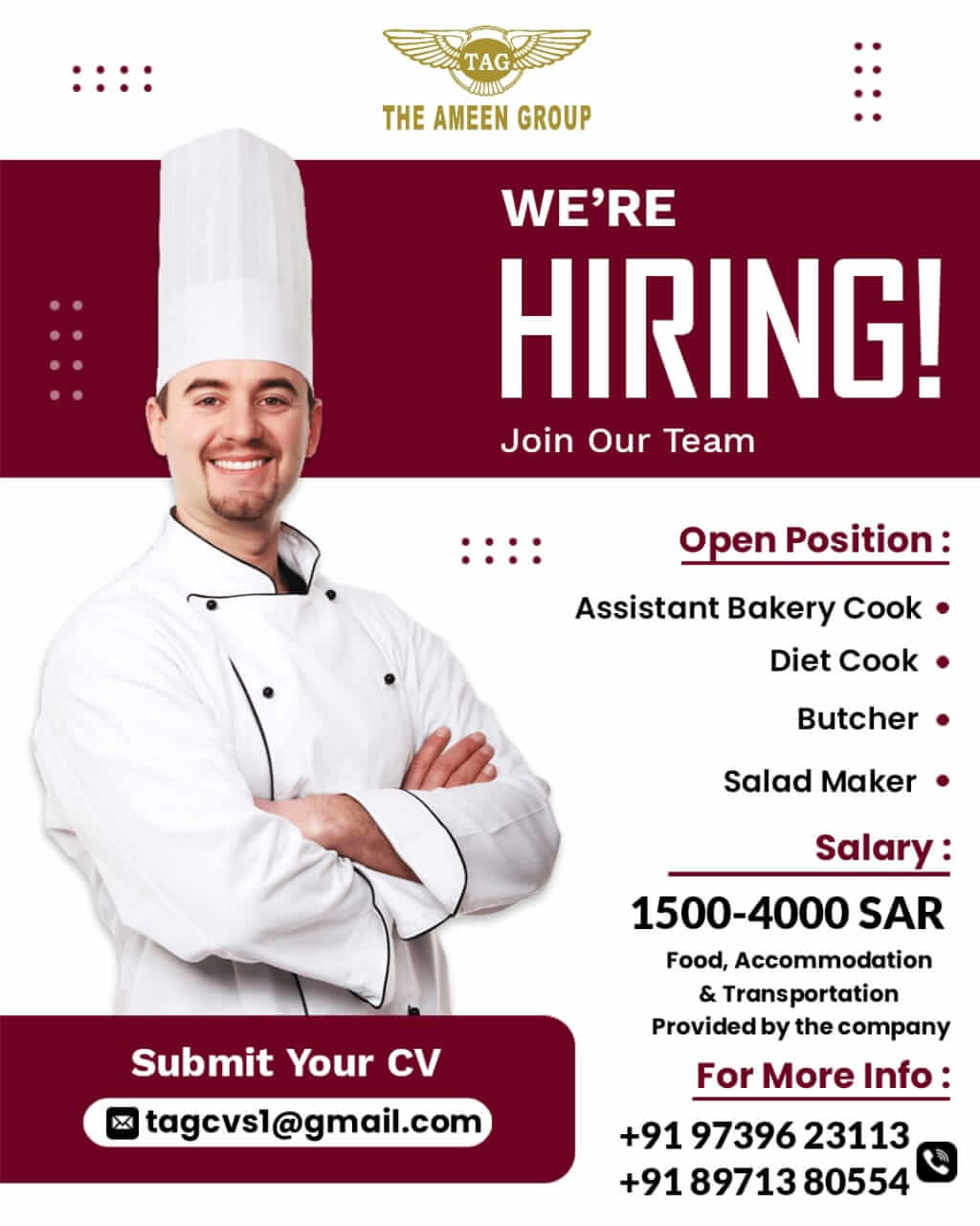 Urgently Required – Assistant Bakery Cook | Diet Cook | Butcher | Salad Maker – Saudi Arabia (Dammam) Urgently Required – Assistant Bakery Cook | Diet Cook | Butcher | Salad Maker – Saudi Arabia (Dammam)