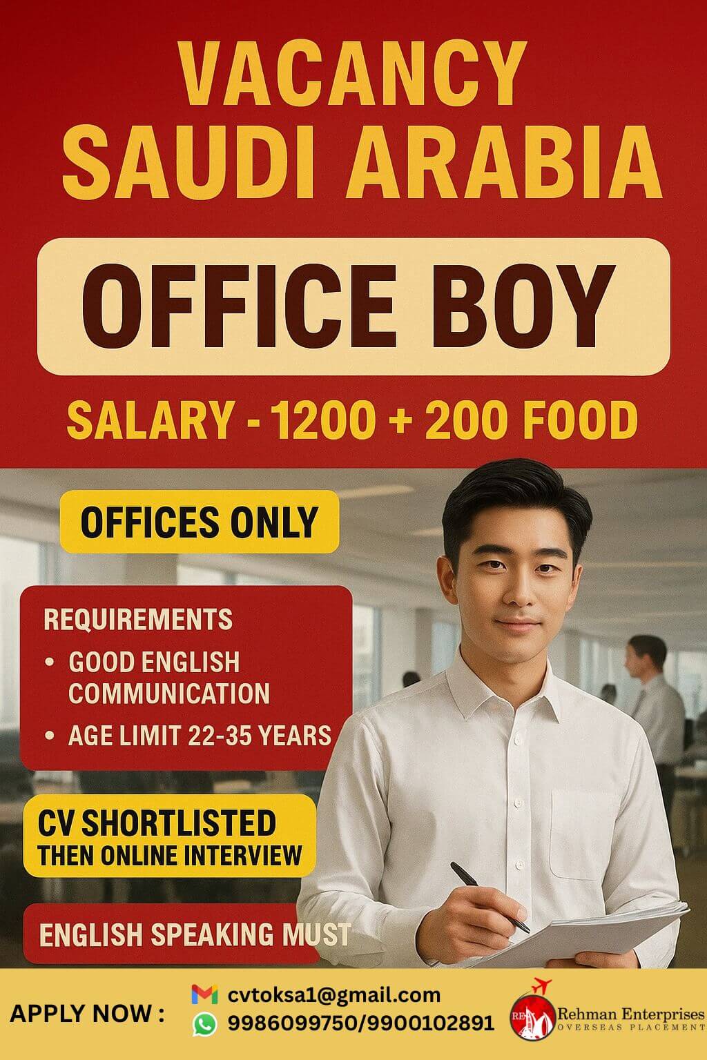 HIRING FOR SAUDI ARABIA-OFFICE BOY-SALARY:1200+200 FOOD