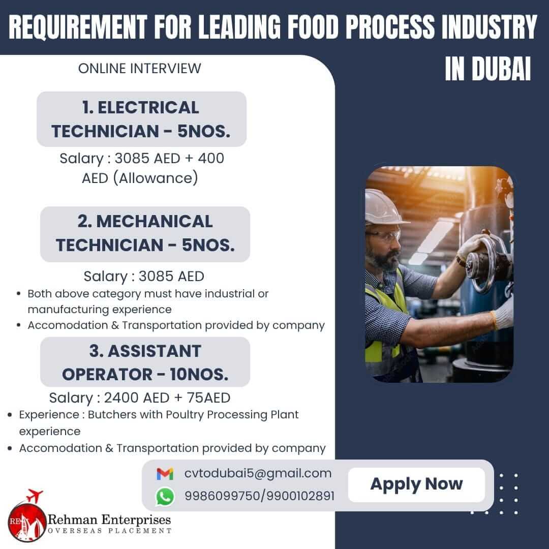 REQIOREMNT FOR LEADING FOOD PROCESS INDUSTRY IN DUBAI