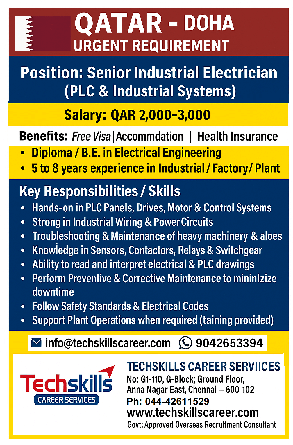 QATAR – DOHA | URGENT REQUIREMENT - Senior Industrial Electrician (PLC & Industrial Systems) Free Visa QATAR – DOHA | URGENT REQUIREMENT - Senior Industrial Electrician (PLC & Industrial Systems) Free Visa