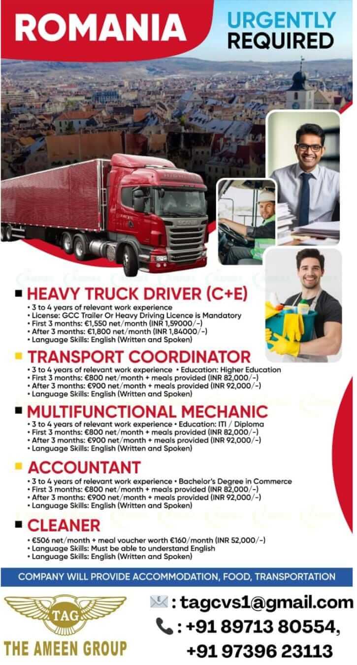 Urgently Required – Heavy Truck Driver | Transport Coordinator | Multifunctional Mechanic | Accountant | Cleaner – Romania Urgently Required – Heavy Truck Driver | Transport Coordinator | Multifunctional Mechanic | Accountant | Cleaner – Romania