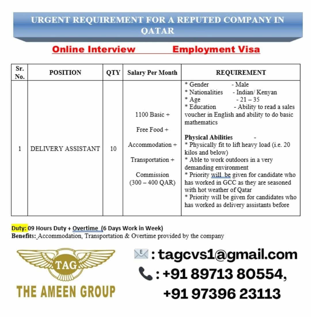 Urgently Required – Delivery Assistants – Qatar Urgently Required – Delivery Assistants – Qatar
