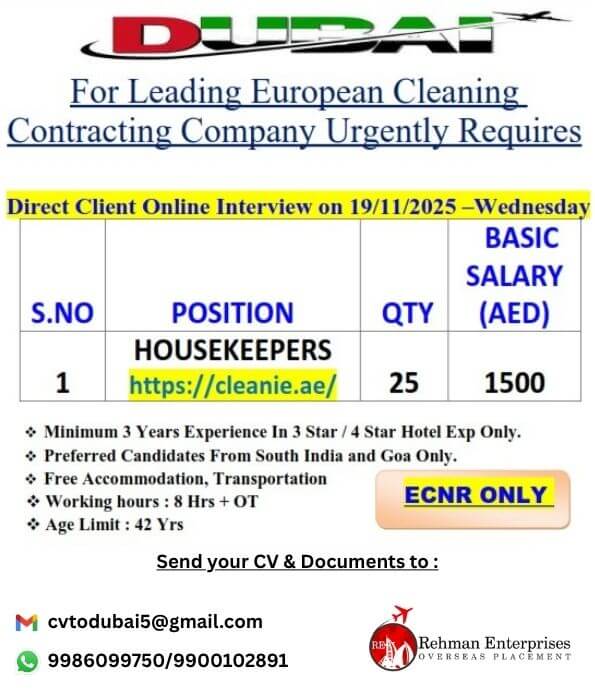 URGENTLY REQUIRES FOR LEADING EUROPEAN CLEANING CONTRACTING COMPANY IN DUBAI-HOUSEKEEPERS URGENTLY REQUIRES FOR LEADING EUROPEAN CLEANING CONTRACTING COMPANY IN DUBAI-HOUSEKEEPERS