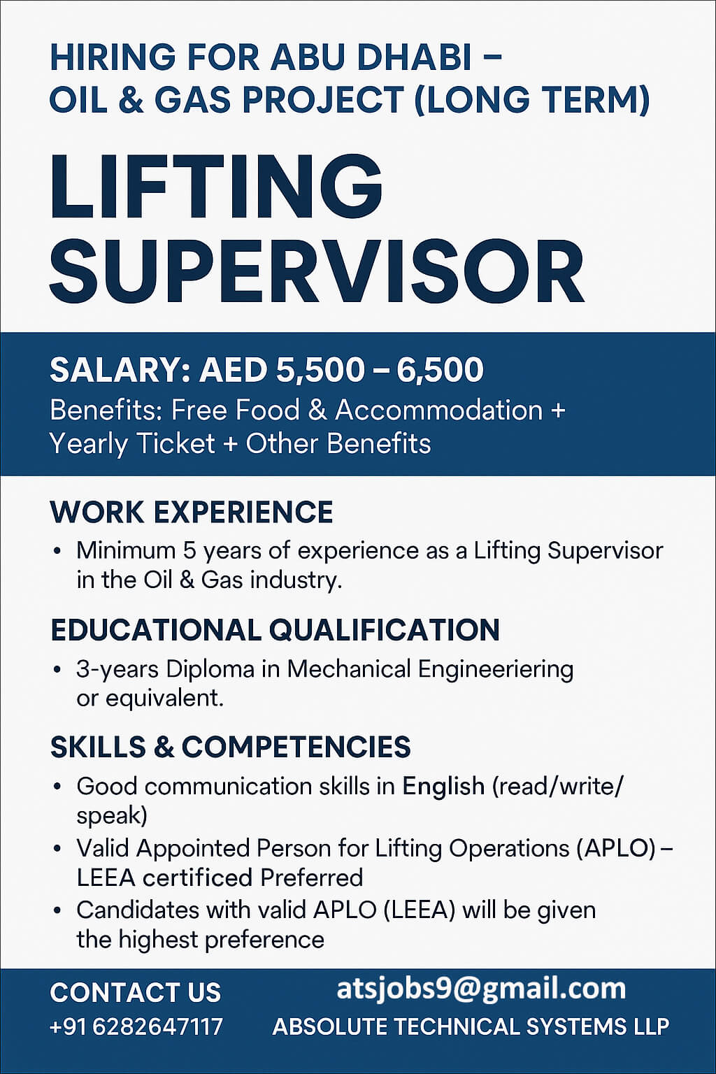 Wanted Lifting Supervsior for Abu Dhabi Wanted Lifting Supervsior for Abu Dhabi