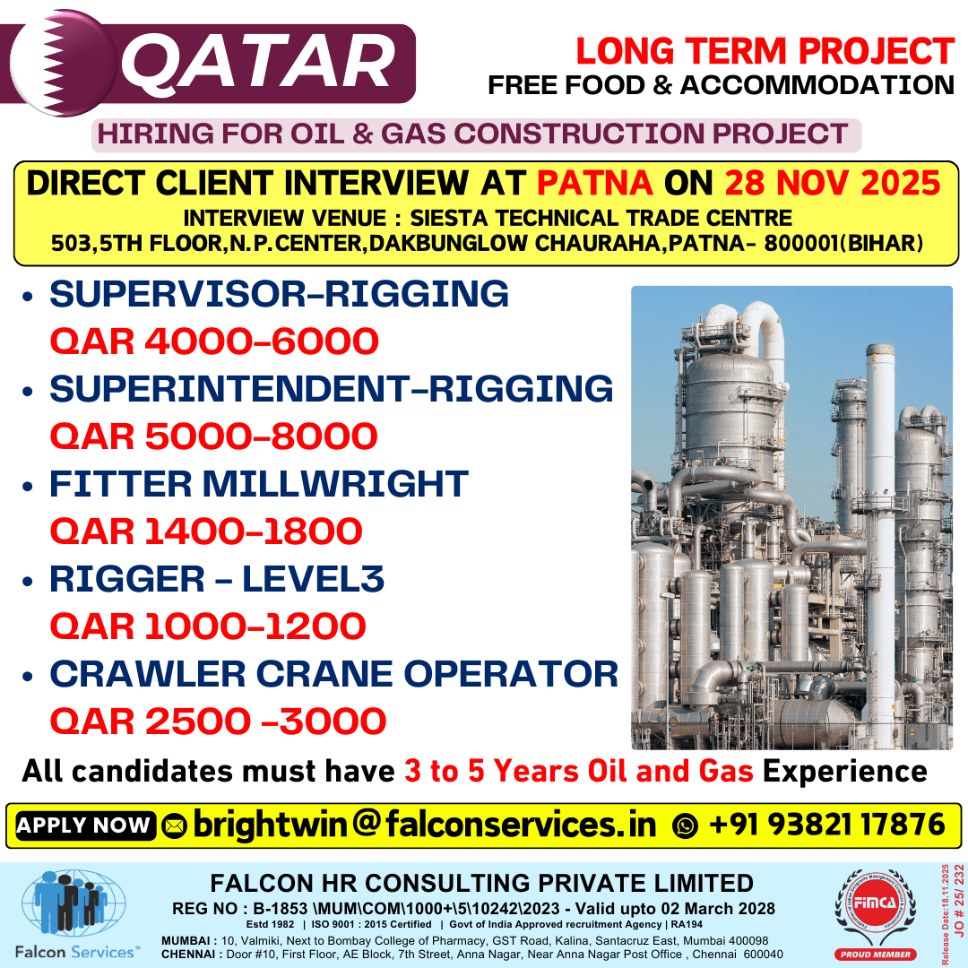 QATAR – LONG TERM PROJECT | Free Food & Accommodation Direct Client Interview in Patna – 28 Nov 2025 QATAR – LONG TERM PROJECT | Free Food & Accommodation Direct Client Interview in Patna – 28 Nov 2025