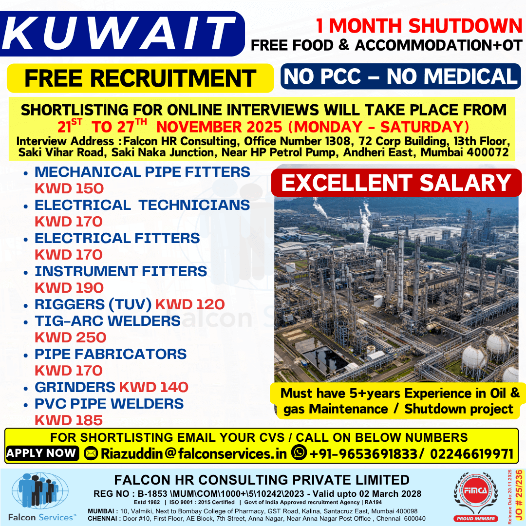 Kuwait Shutdown Hiring – 1 Month Project Kuwait Shutdown Hiring – 1 Month Project
