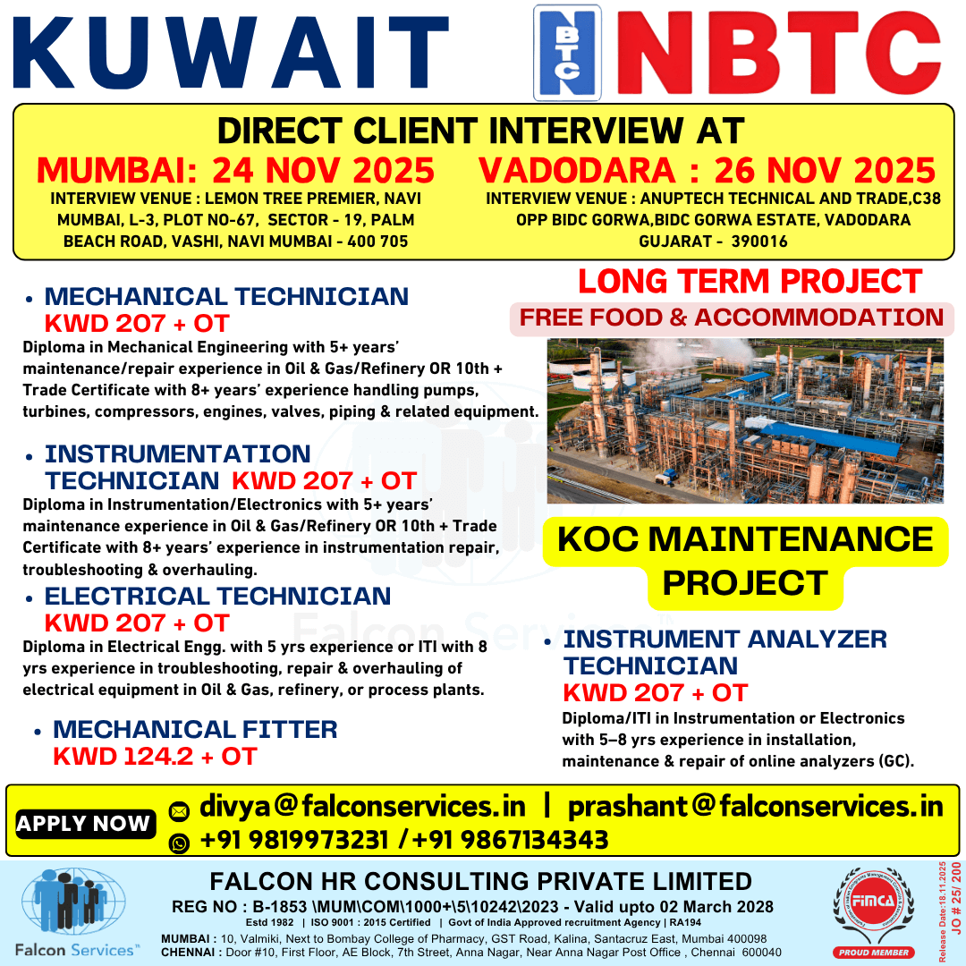 Kuwait Hiring – Long-Term Project KOC Maintenance Project Free Food & Accommodation Provided Kuwait Hiring – Long-Term Project KOC Maintenance Project Free Food & Accommodation Provided