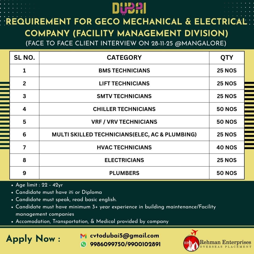 REQUIREMENT FOR GECO MECHANICAL & ELECTRICAL COMPANY IN DUBAI - INTERVIEW-28/11/2025 AT MANGLORE