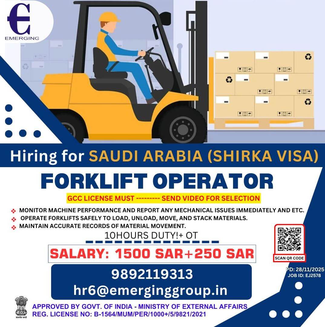 URGENTLY REQUIRED FORKLIFT OPERATOR FOR SAUDI ARABIA URGENTLY REQUIRED FORKLIFT OPERATOR FOR SAUDI ARABIA
