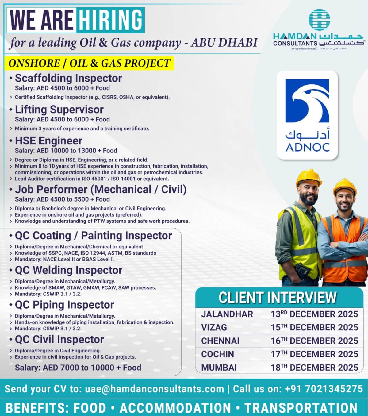 WE ARE HIRING – ABU DHABI (Onshore / Oil & Gas Project) WE ARE HIRING – ABU DHABI (Onshore / Oil & Gas Project)